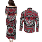 Essendon Football Club Couples Matching Puletasi and Long Sleeve Button Shirt Indigenous Monochrome Dot Art Mascot Style