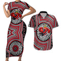 Essendon Football Club Couples Matching Short Sleeve Bodycon Dress and Hawaiian Shirt Indigenous Monochrome Dot Art Mascot Style