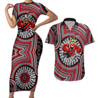 Essendon Football Club Couples Matching Short Sleeve Bodycon Dress and Hawaiian Shirt Indigenous Monochrome Dot Art Mascot Style