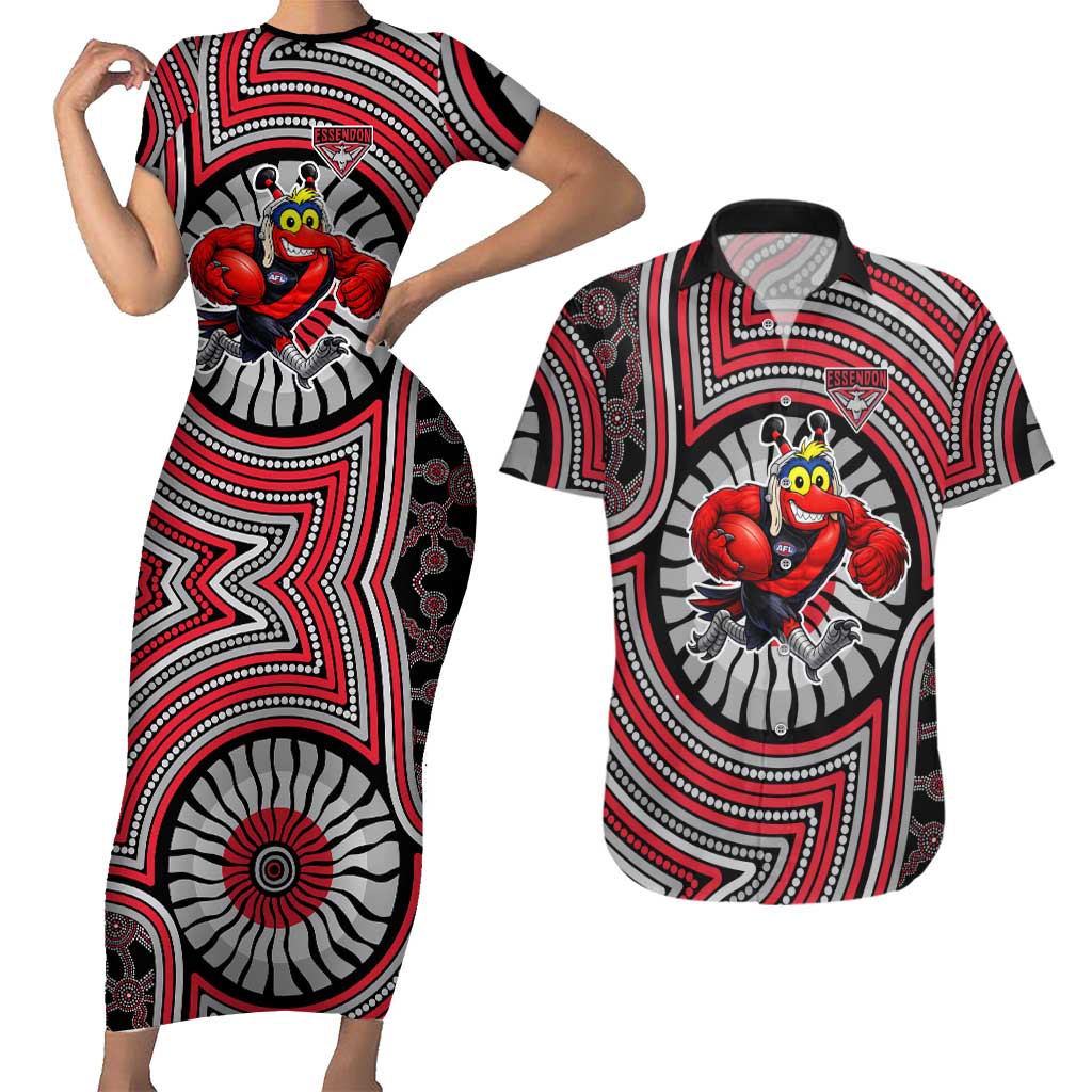 Essendon Football Club Couples Matching Short Sleeve Bodycon Dress and Hawaiian Shirt Indigenous Monochrome Dot Art Mascot Style