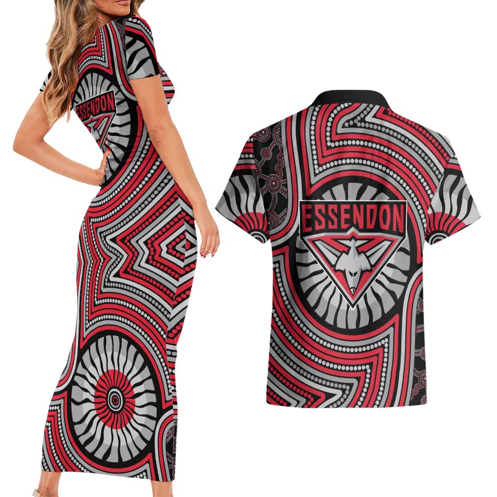 Essendon Football Club Couples Matching Short Sleeve Bodycon Dress and Hawaiian Shirt Indigenous Monochrome Dot Art Mascot Style