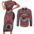 Essendon Football Club Couples Matching Short Sleeve Bodycon Dress and Long Sleeve Button Shirt Indigenous Monochrome Dot Art Mascot Style