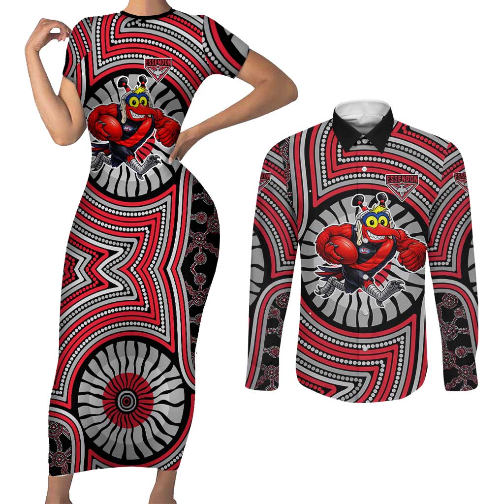 Essendon Football Club Couples Matching Short Sleeve Bodycon Dress and Long Sleeve Button Shirt Indigenous Monochrome Dot Art Mascot Style
