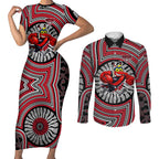 Essendon Football Club Couples Matching Short Sleeve Bodycon Dress and Long Sleeve Button Shirt Indigenous Monochrome Dot Art Mascot Style