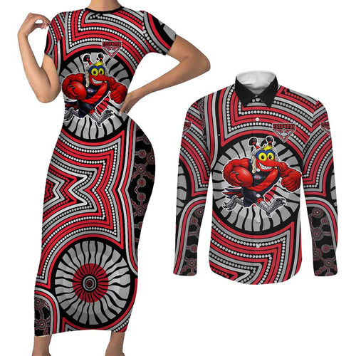 Essendon Football Club Couples Matching Short Sleeve Bodycon Dress and Long Sleeve Button Shirt Indigenous Monochrome Dot Art Mascot Style