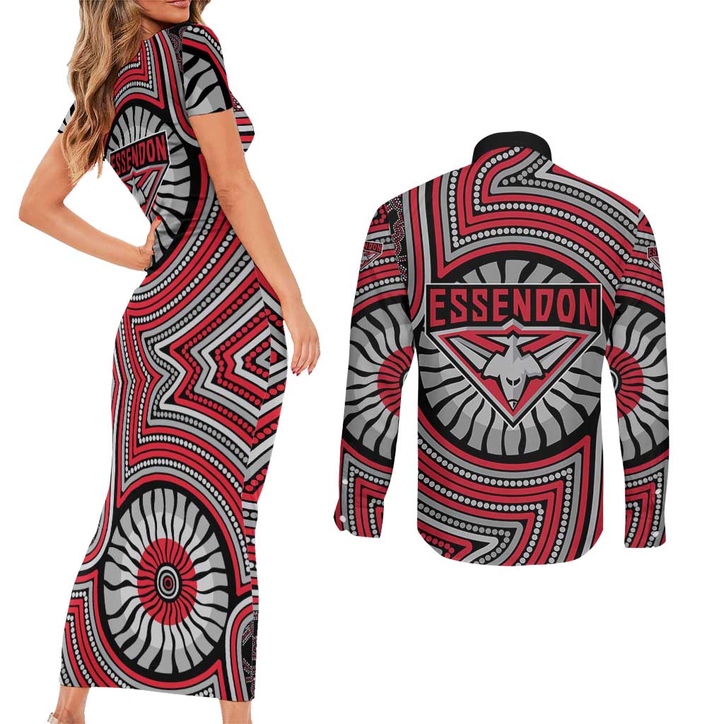 Essendon Football Club Couples Matching Short Sleeve Bodycon Dress and Long Sleeve Button Shirt Indigenous Monochrome Dot Art Mascot Style