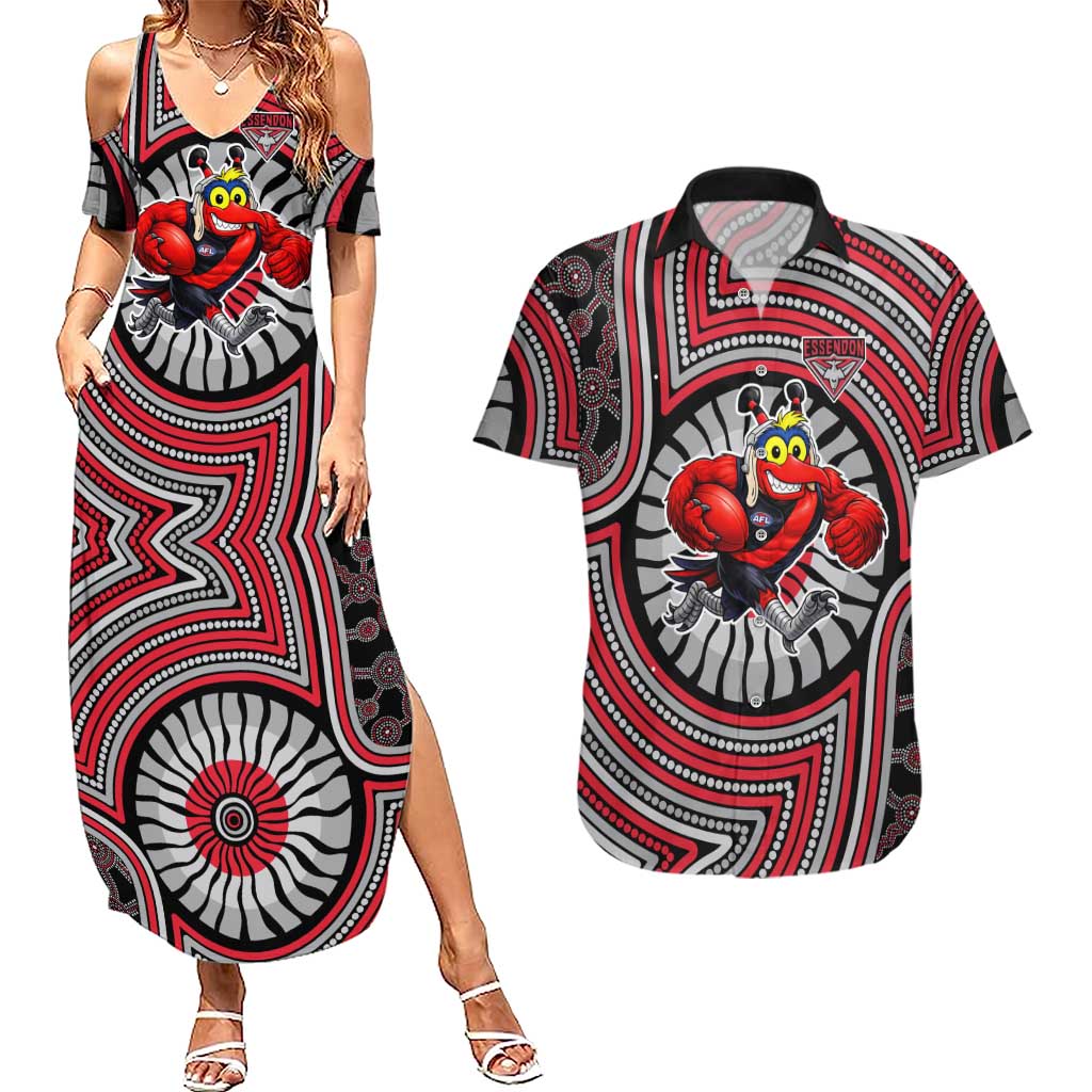 Essendon Football Club Couples Matching Summer Maxi Dress and Hawaiian Shirt Indigenous Monochrome Dot Art Mascot Style