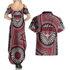 Essendon Football Club Couples Matching Summer Maxi Dress and Hawaiian Shirt Indigenous Monochrome Dot Art Mascot Style