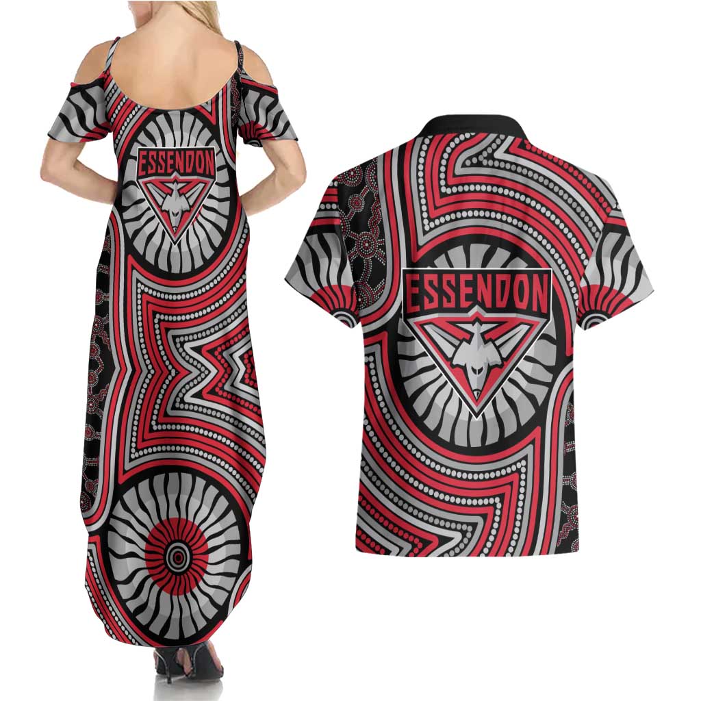 Essendon Football Club Couples Matching Summer Maxi Dress and Hawaiian Shirt Indigenous Monochrome Dot Art Mascot Style