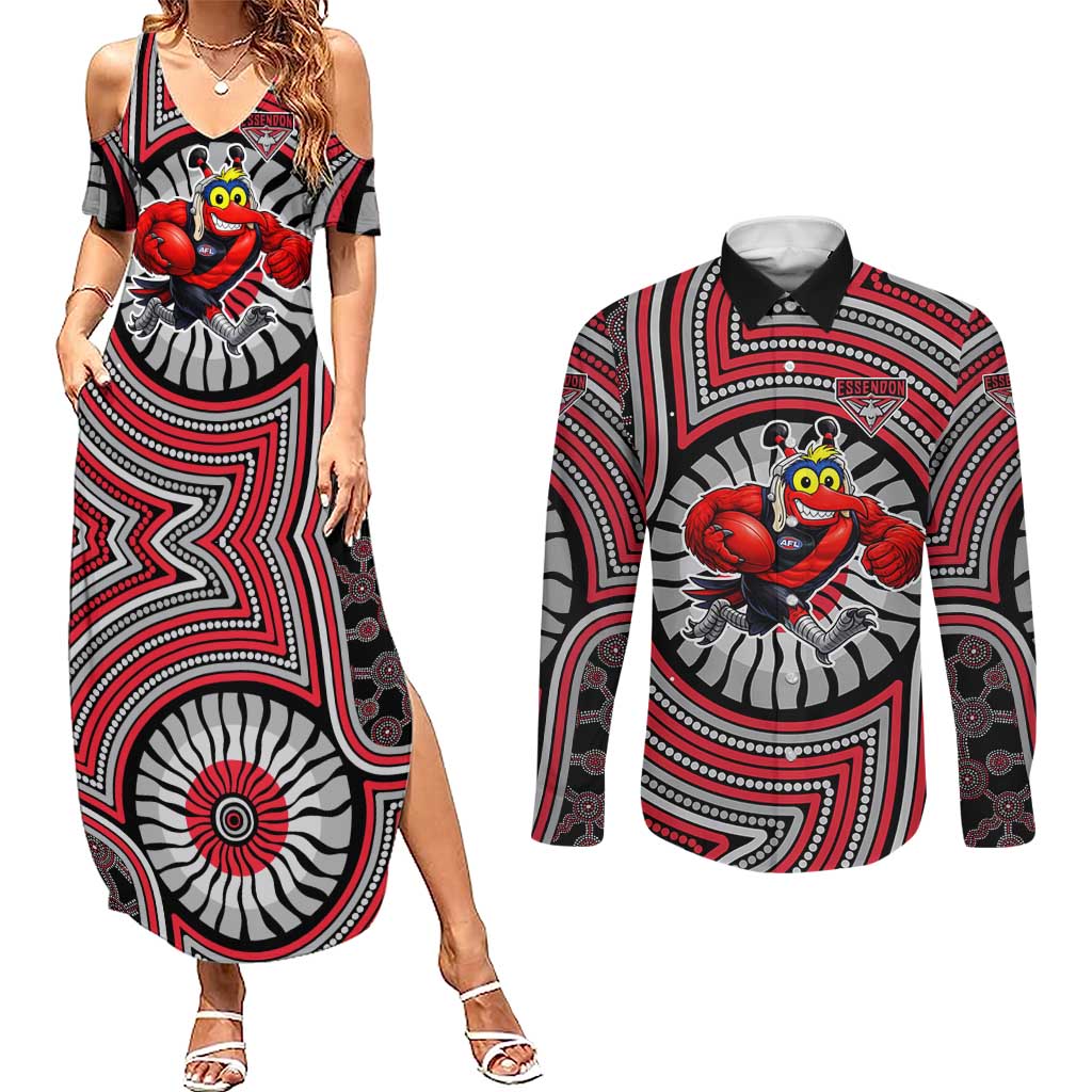 Essendon Football Club Couples Matching Summer Maxi Dress and Long Sleeve Button Shirt Indigenous Monochrome Dot Art Mascot Style
