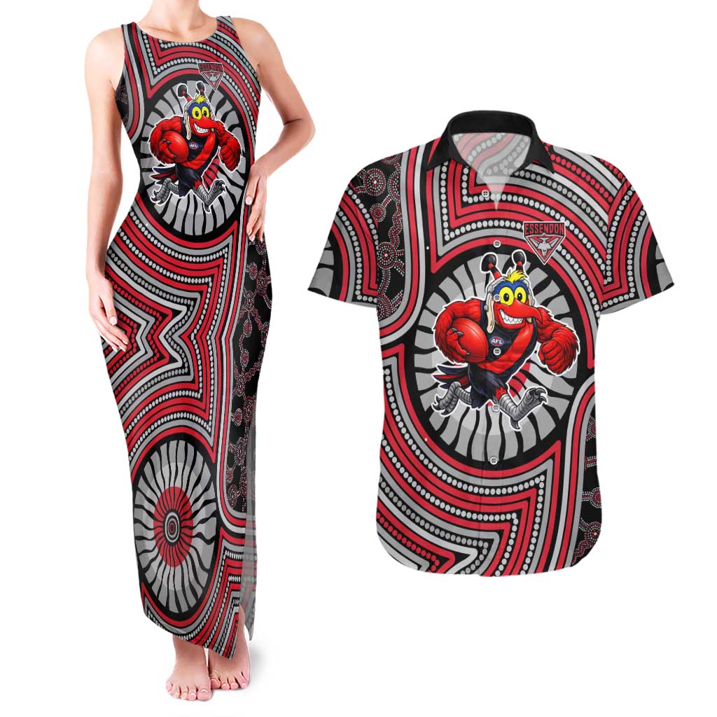 Essendon Football Club Couples Matching Tank Maxi Dress and Hawaiian Shirt Indigenous Monochrome Dot Art Mascot Style