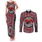 Essendon Football Club Couples Matching Tank Maxi Dress and Long Sleeve Button Shirt Indigenous Monochrome Dot Art Mascot Style