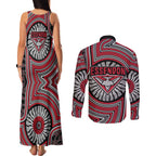 Essendon Football Club Couples Matching Tank Maxi Dress and Long Sleeve Button Shirt Indigenous Monochrome Dot Art Mascot Style