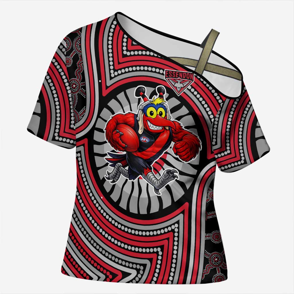 Essendon Football Club Cross Shoulder Shirt Indigenous Monochrome Dot Art Mascot Style