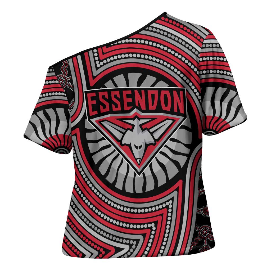 Essendon Football Club Cross Shoulder Shirt Indigenous Monochrome Dot Art Mascot Style