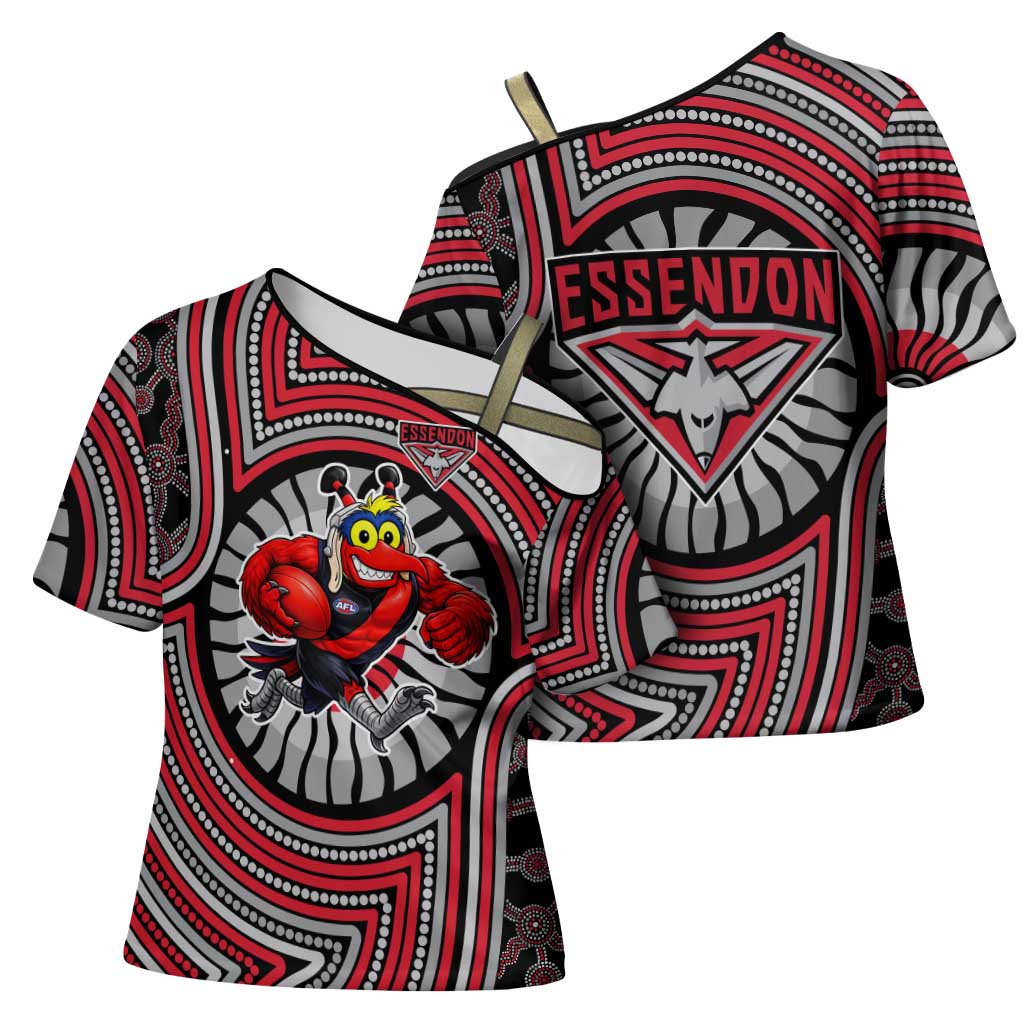 Essendon Football Club Cross Shoulder Shirt Indigenous Monochrome Dot Art Mascot Style