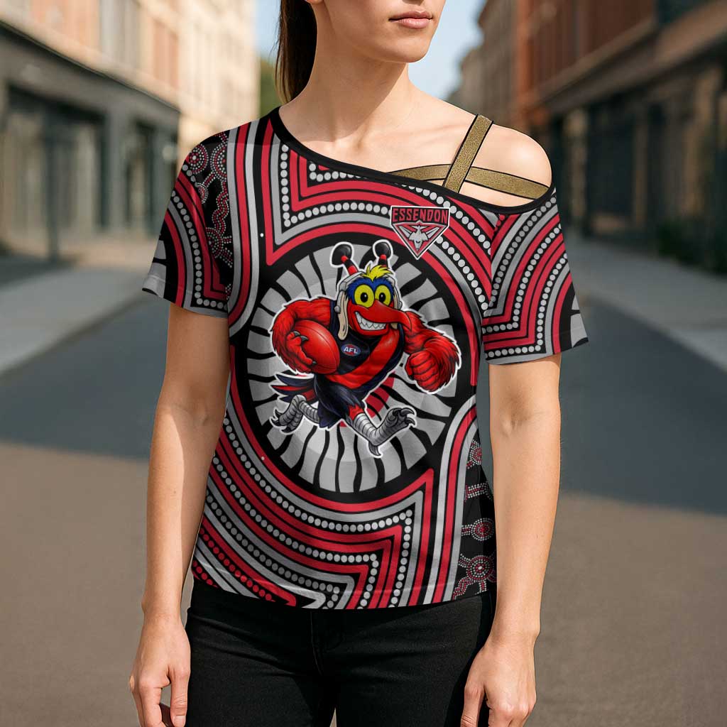 Essendon Football Club Cross Shoulder Shirt Indigenous Monochrome Dot Art Mascot Style