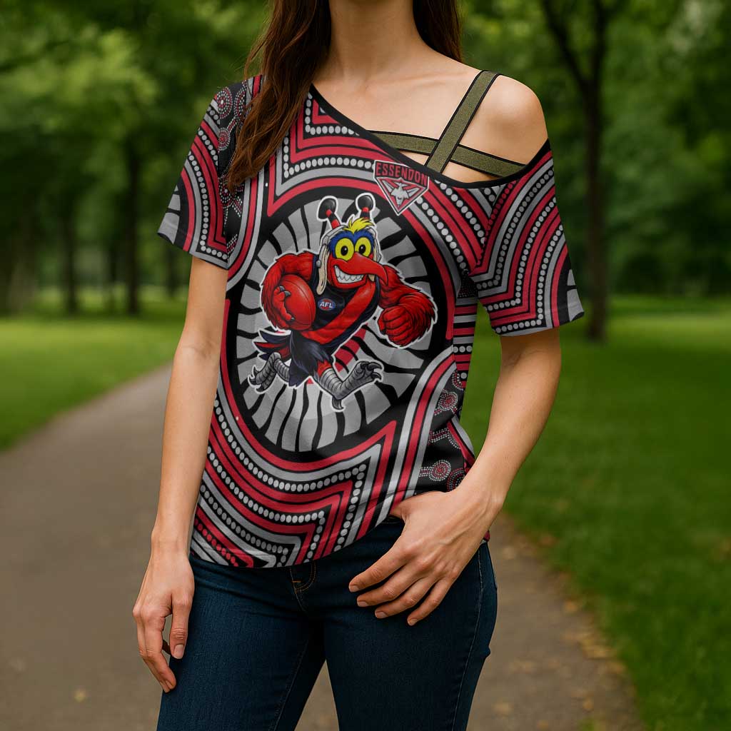 Essendon Football Club Cross Shoulder Shirt Indigenous Monochrome Dot Art Mascot Style