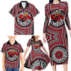 Essendon Football Club Family Matching Long Sleeve Bodycon Dress and Hawaiian Shirt Indigenous Monochrome Dot Art Mascot Style