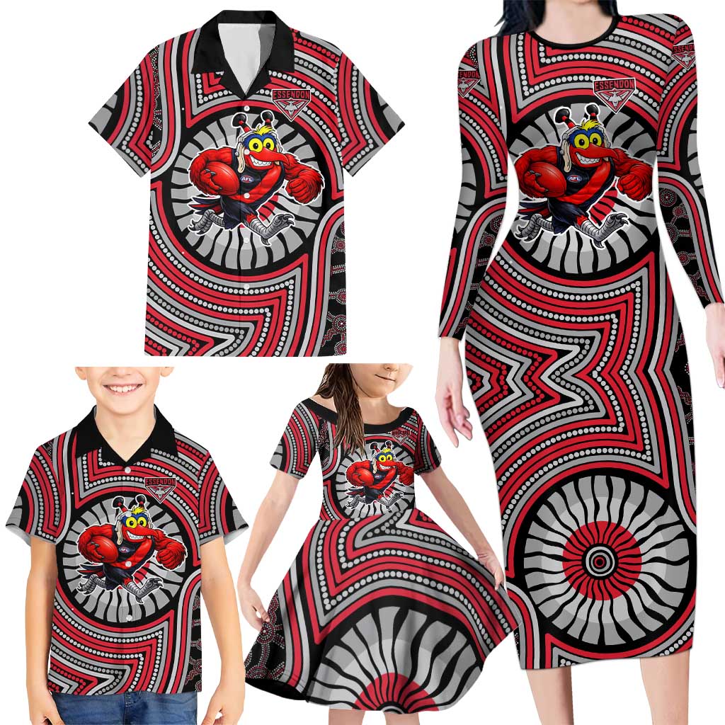 Essendon Football Club Family Matching Long Sleeve Bodycon Dress and Hawaiian Shirt Indigenous Monochrome Dot Art Mascot Style