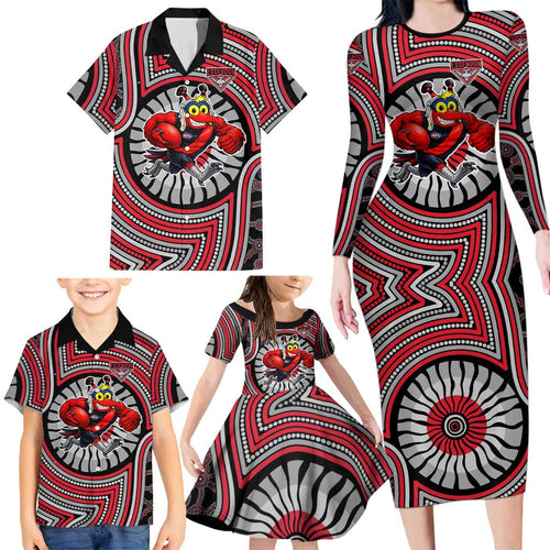 Essendon Football Club Family Matching Long Sleeve Bodycon Dress and Hawaiian Shirt Indigenous Monochrome Dot Art Mascot Style