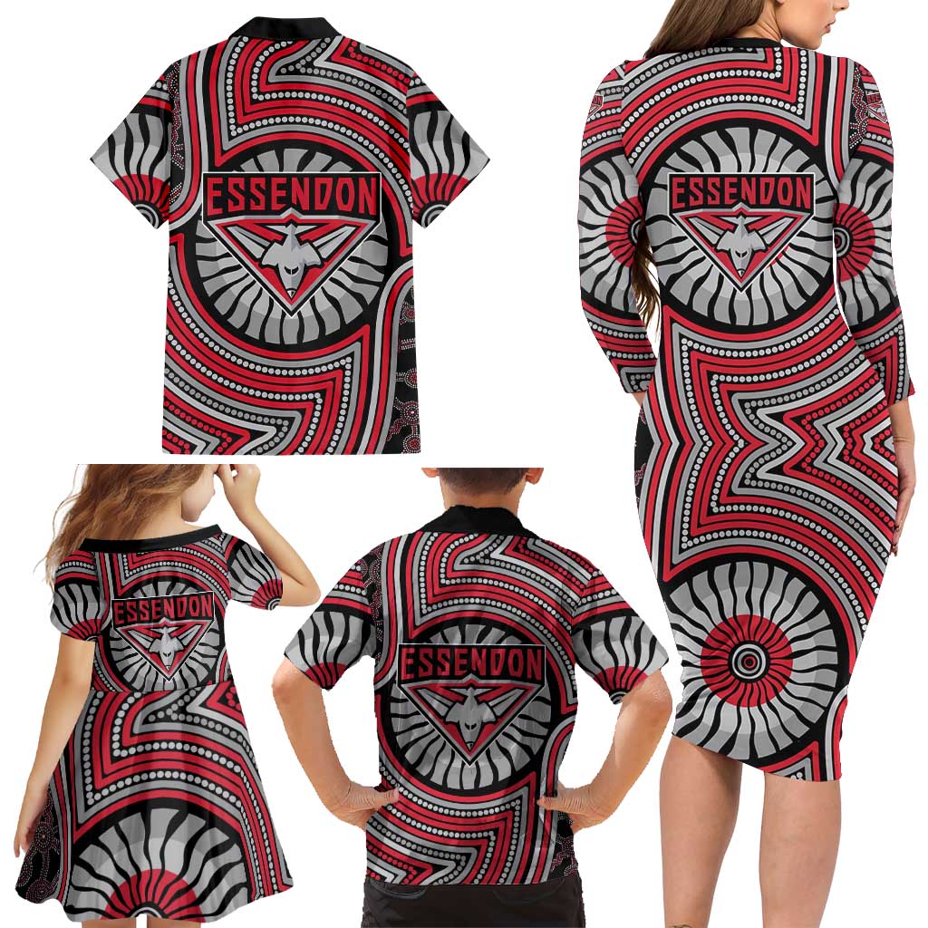 Essendon Football Club Family Matching Long Sleeve Bodycon Dress and Hawaiian Shirt Indigenous Monochrome Dot Art Mascot Style