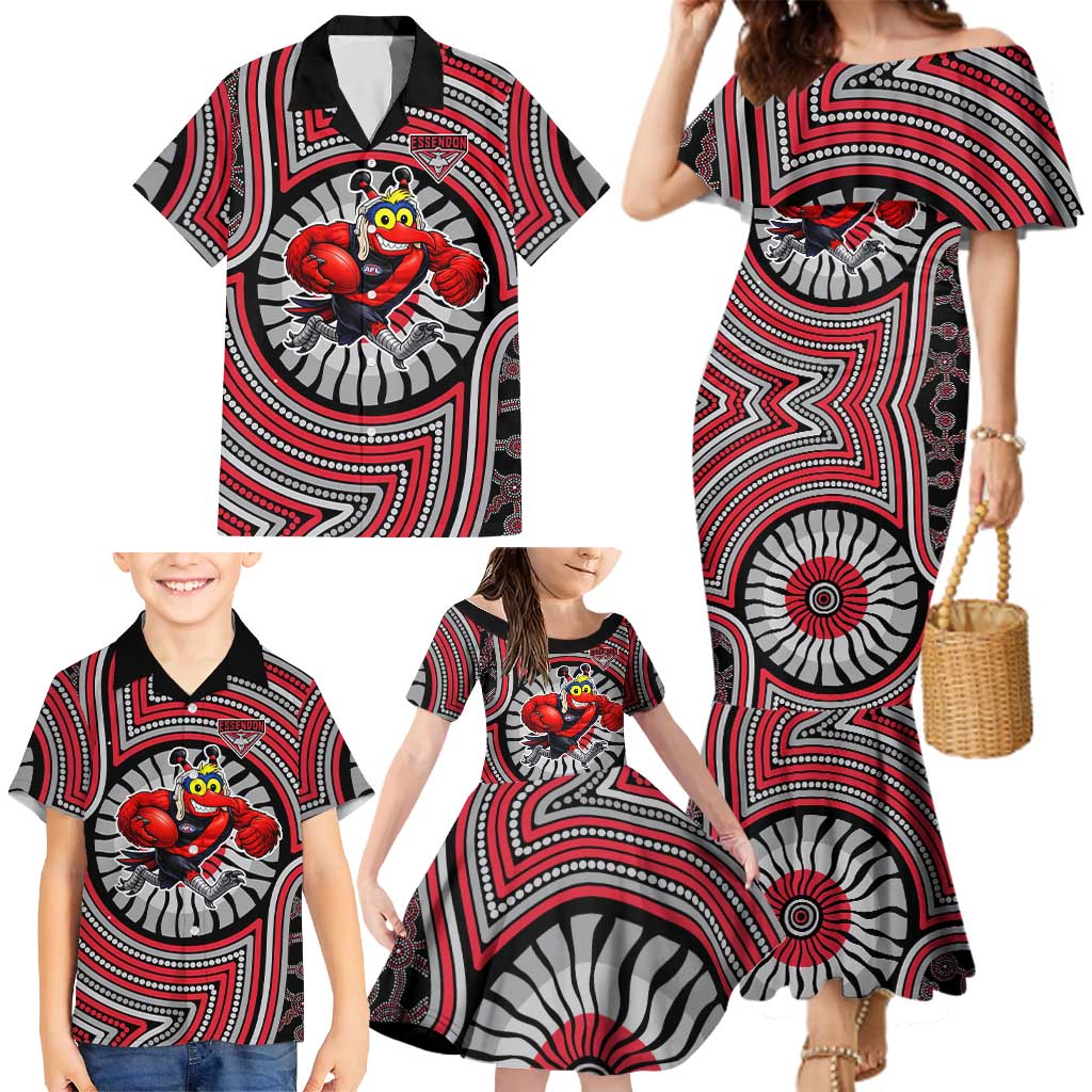 Essendon Football Club Family Matching Mermaid Dress and Hawaiian Shirt Indigenous Monochrome Dot Art Mascot Style