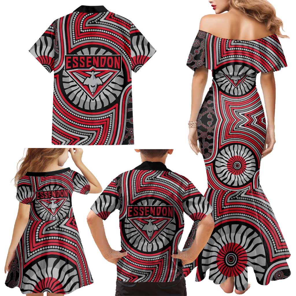 Essendon Football Club Family Matching Mermaid Dress and Hawaiian Shirt Indigenous Monochrome Dot Art Mascot Style