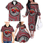 Essendon Football Club Family Matching Off The Shoulder Long Sleeve Dress and Hawaiian Shirt Indigenous Monochrome Dot Art Mascot Style