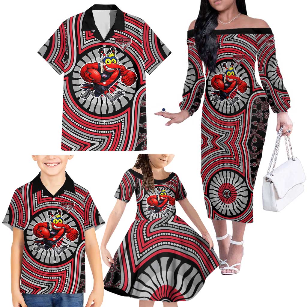 Essendon Football Club Family Matching Off The Shoulder Long Sleeve Dress and Hawaiian Shirt Indigenous Monochrome Dot Art Mascot Style