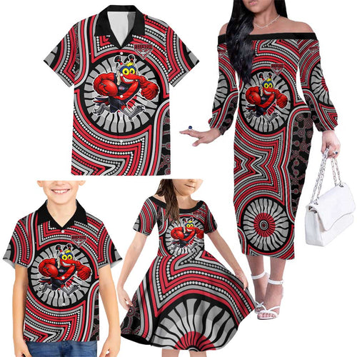 Essendon Football Club Family Matching Off The Shoulder Long Sleeve Dress and Hawaiian Shirt Indigenous Monochrome Dot Art Mascot Style