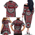 Essendon Football Club Family Matching Off The Shoulder Long Sleeve Dress and Hawaiian Shirt Indigenous Monochrome Dot Art Mascot Style