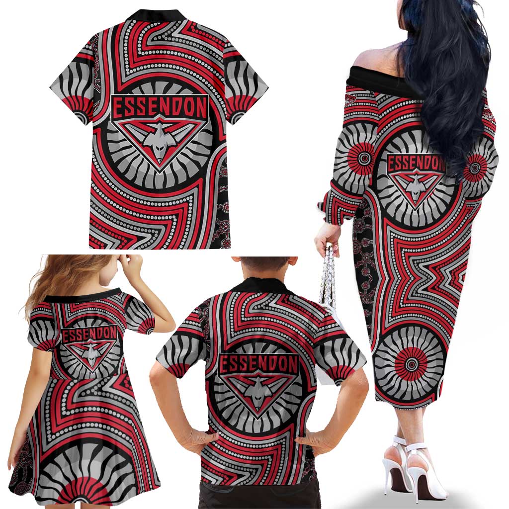 Essendon Football Club Family Matching Off The Shoulder Long Sleeve Dress and Hawaiian Shirt Indigenous Monochrome Dot Art Mascot Style