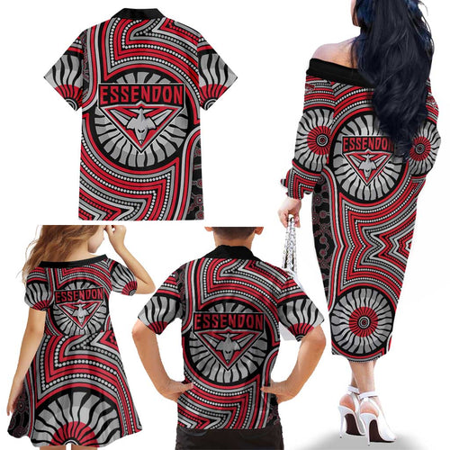Essendon Football Club Family Matching Off The Shoulder Long Sleeve Dress and Hawaiian Shirt Indigenous Monochrome Dot Art Mascot Style