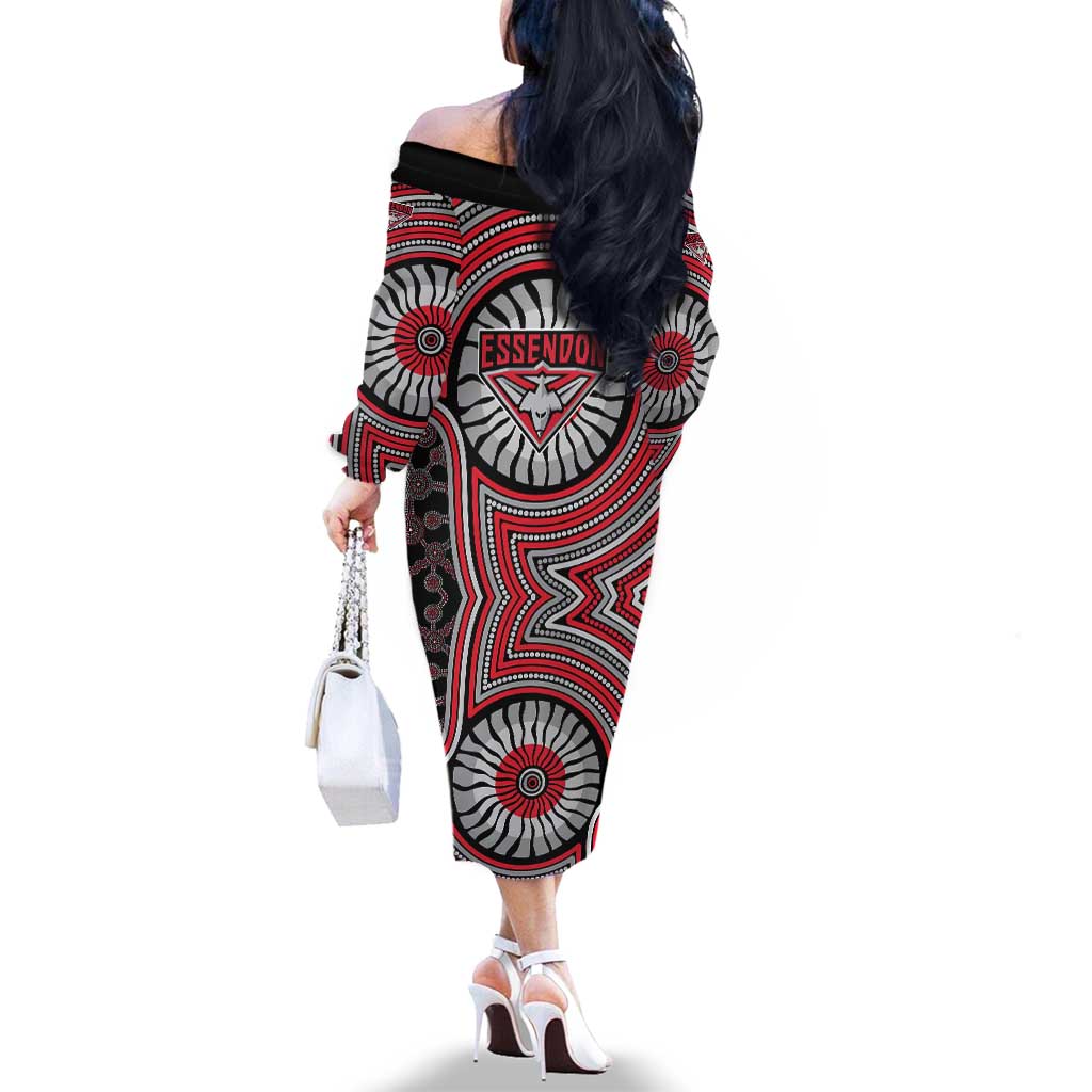 Essendon Football Club Family Matching Off The Shoulder Long Sleeve Dress and Hawaiian Shirt Indigenous Monochrome Dot Art Mascot Style