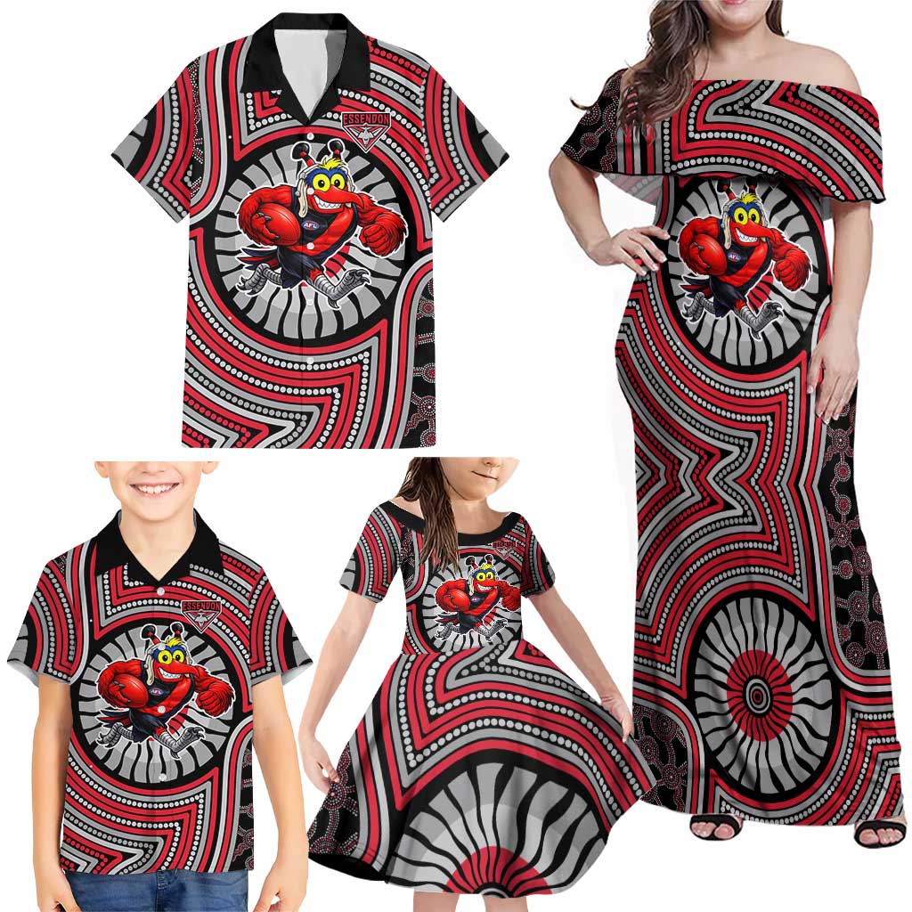 Essendon Football Club Family Matching Off Shoulder Maxi Dress and Hawaiian Shirt Indigenous Monochrome Dot Art Mascot Style