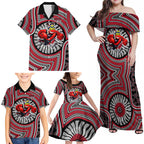 Essendon Football Club Family Matching Off Shoulder Maxi Dress and Hawaiian Shirt Indigenous Monochrome Dot Art Mascot Style