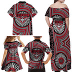 Essendon Football Club Family Matching Off Shoulder Maxi Dress and Hawaiian Shirt Indigenous Monochrome Dot Art Mascot Style