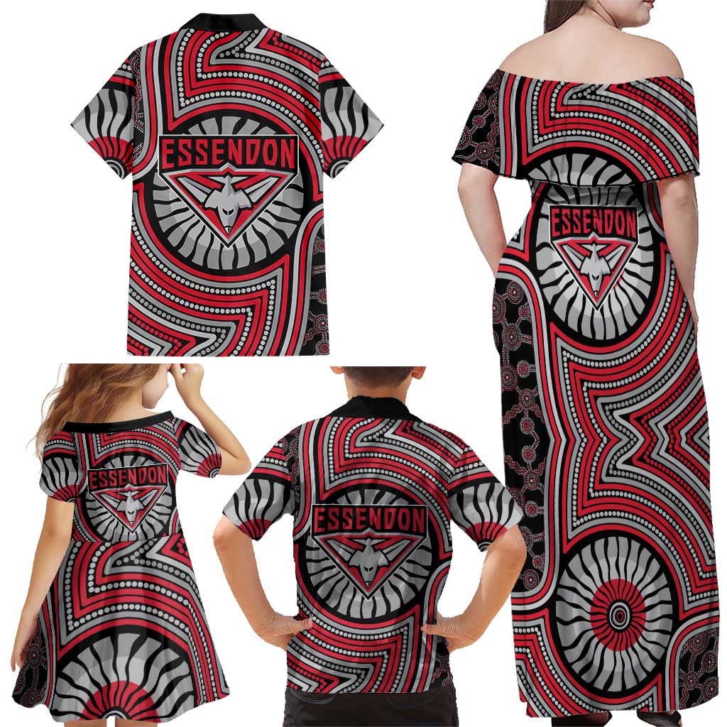 Essendon Football Club Family Matching Off Shoulder Maxi Dress and Hawaiian Shirt Indigenous Monochrome Dot Art Mascot Style