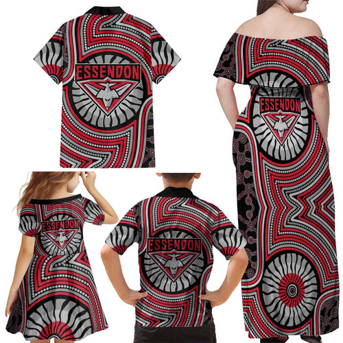 Essendon Football Club Family Matching Off Shoulder Maxi Dress and Hawaiian Shirt Indigenous Monochrome Dot Art Mascot Style