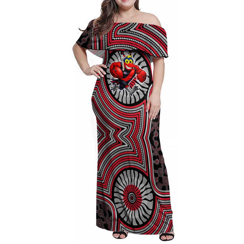 Essendon Football Club Family Matching Off Shoulder Maxi Dress and Hawaiian Shirt Indigenous Monochrome Dot Art Mascot Style