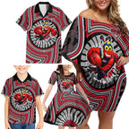 Essendon Football Club Family Matching Off Shoulder Short Dress and Hawaiian Shirt Indigenous Monochrome Dot Art Mascot Style