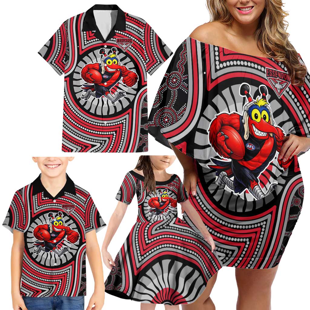 Essendon Football Club Family Matching Off Shoulder Short Dress and Hawaiian Shirt Indigenous Monochrome Dot Art Mascot Style