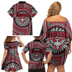 Essendon Football Club Family Matching Off Shoulder Short Dress and Hawaiian Shirt Indigenous Monochrome Dot Art Mascot Style