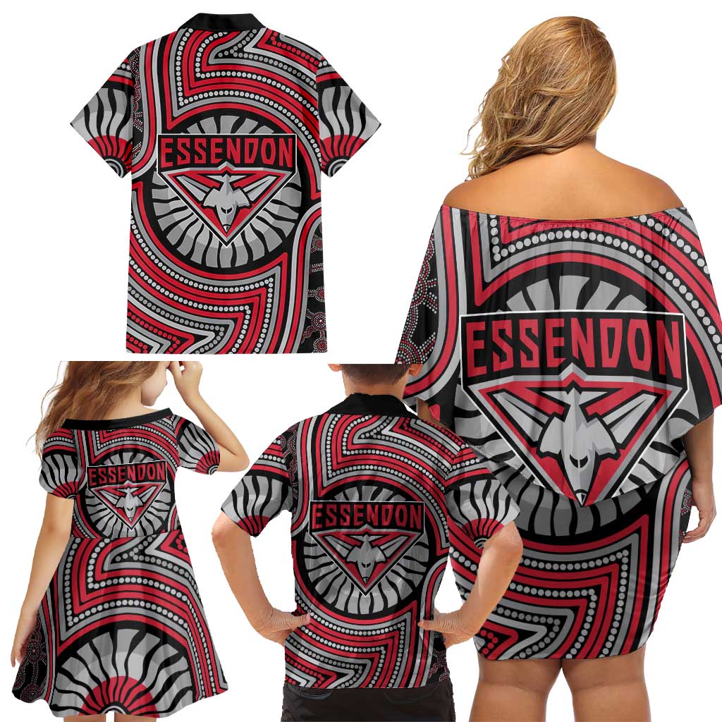 Essendon Football Club Family Matching Off Shoulder Short Dress and Hawaiian Shirt Indigenous Monochrome Dot Art Mascot Style
