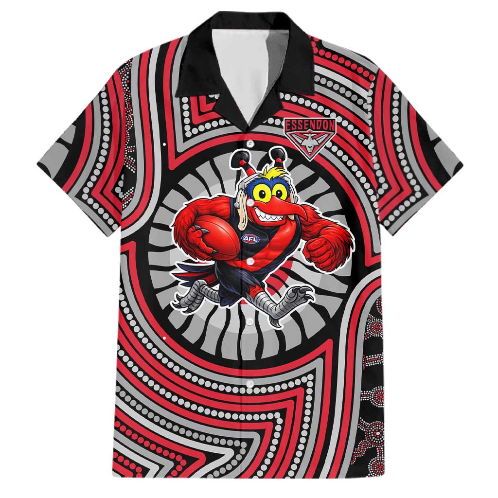 Essendon Football Club Family Matching Off Shoulder Short Dress and Hawaiian Shirt Indigenous Monochrome Dot Art Mascot Style