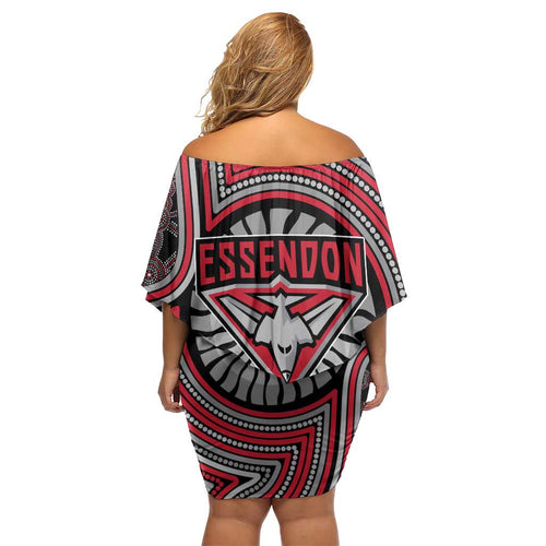 Essendon Football Club Family Matching Off Shoulder Short Dress and Hawaiian Shirt Indigenous Monochrome Dot Art Mascot Style