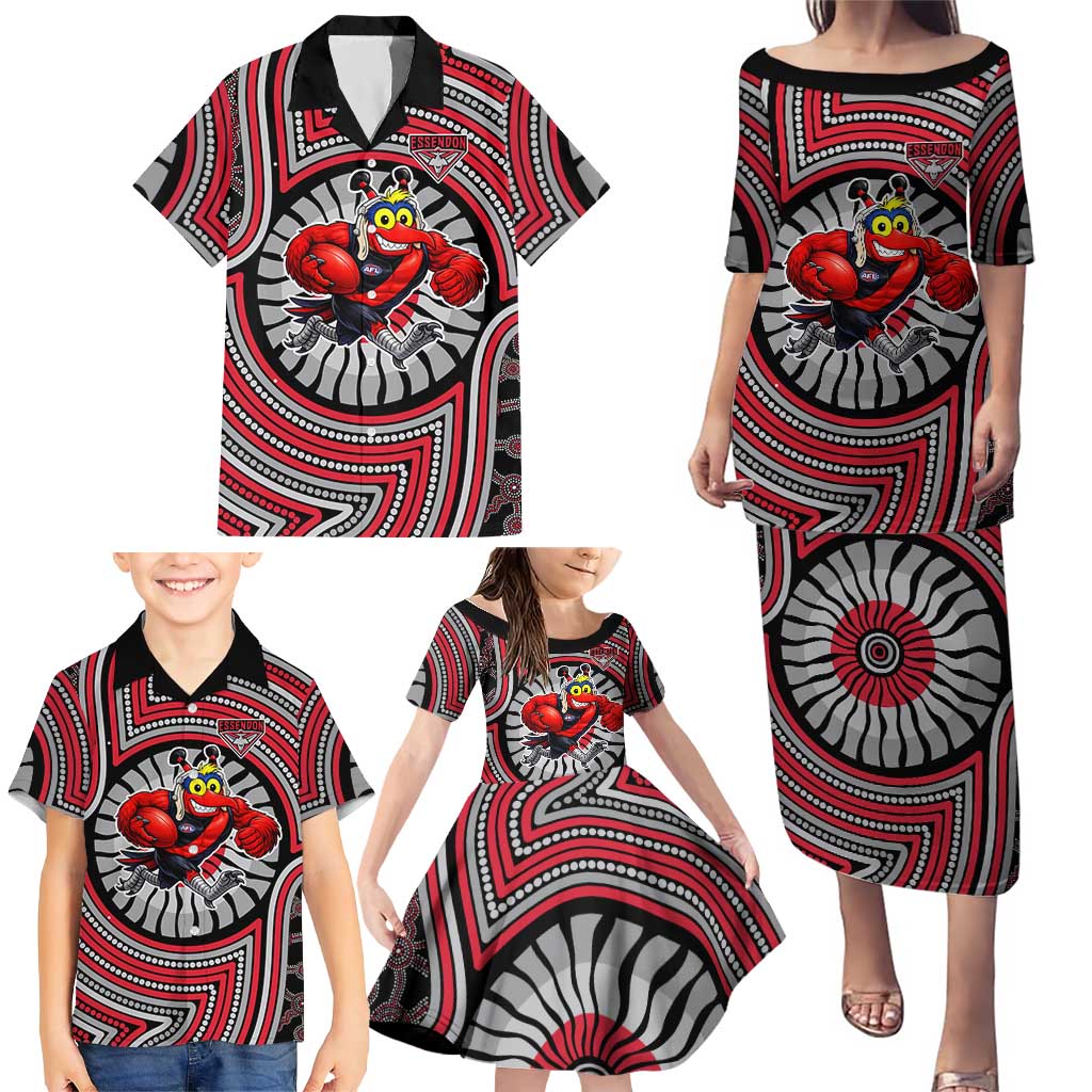 Essendon Football Club Family Matching Puletasi and Hawaiian Shirt Indigenous Monochrome Dot Art Mascot Style