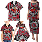 Essendon Football Club Family Matching Puletasi and Hawaiian Shirt Indigenous Monochrome Dot Art Mascot Style
