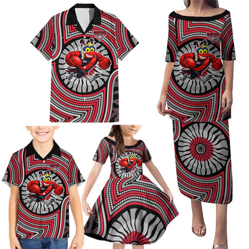 Essendon Football Club Family Matching Puletasi and Hawaiian Shirt Indigenous Monochrome Dot Art Mascot Style